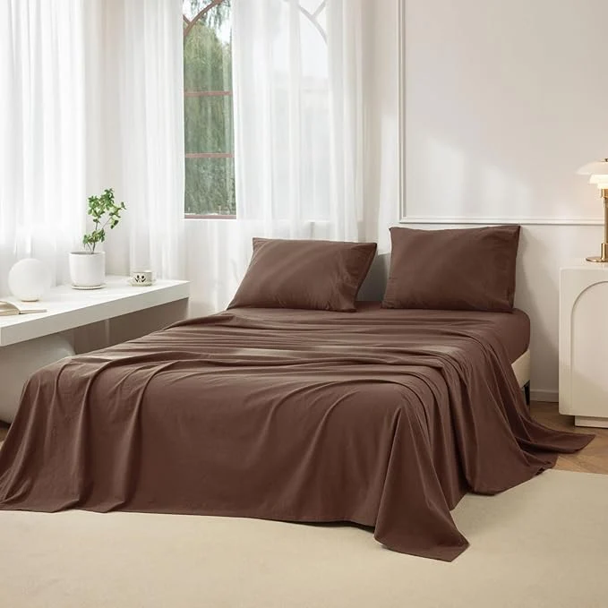 JIYUAN Queen Size Sheet Set 4-Piece - Washed Cotton Linen-Like Soft amp Breathable Includes Deep Pocket Fitted amp Flat Sheet with 2 Pillowcases Hotel Quality Solid Chocolate Brown