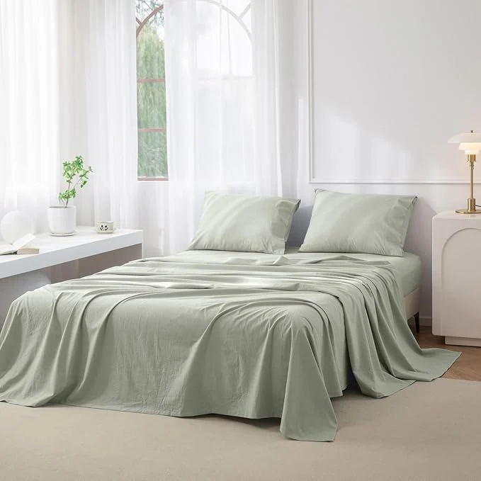 Recyclable JIYUAN Twin Size Sheet Set 3-Piece - Washed Cotton Linen-Like Soft amp Breathable Includes Deep Pocket Fitted amp Flat Sheet with 1 Pillowcases Hotel Quality Heathered Sage Green Excellent