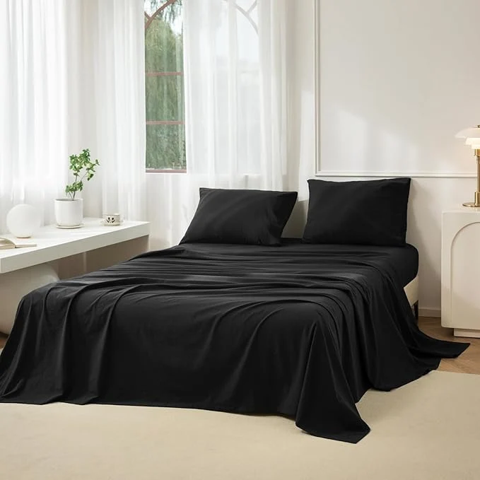 Proven JIYUAN Full Size Sheet Set 4-Piece - Washed Cotton Linen-Like Soft amp Breathable Includes Deep Pocket Fitted amp Flat Sheet with 2 Pillowcases Hotel Quality Solid Black Efficient