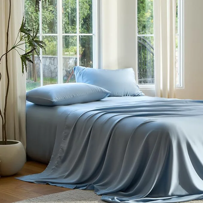 World-Class DOZ Sheet Set Viscose derived from Bamboo Organically Grown Buttery Soft Cooling Sheets High GSM Deep Pockets - 4 Piece - 2 Pillowcases 1 Fitted 1 Top Sheet Sky Queen Exceptional