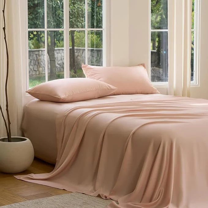 Natural DOZ Sheet Set Viscose derived from Bamboo Organically Grown Buttery Soft Cooling Sheets High GSM Deep Pockets - 4 Piece - 2 Pillowcases 1 Fitted 1 Top Sheet Blush Cal King Long-Lasting