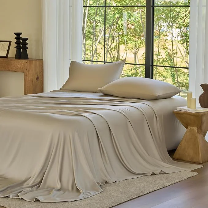 Fashionable DOZ Sheet Set Viscose derived from Bamboo Organically Grown Buttery Soft Cooling Sheets High GSM Deep Pockets - 4 Piece - 2 Pillowcases 1 Fitted Sheet 1 Top Sheet Fog Queen Powerful