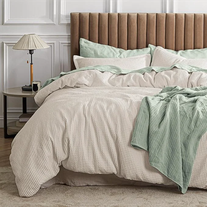 Functional Bedsure Waffle Comforter Set Twin Beige Soft Bedding Waffle Weave Bed Set 2 Pieces 1 Comforter 68 quot x90 quot and 1 Pillow Sham Cotton Shell and Polyester Lining for All Seasons Relaxed