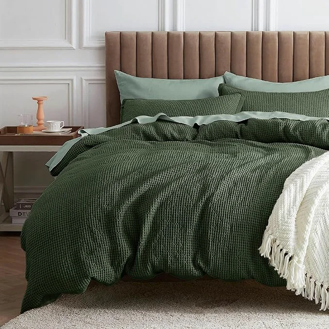 Refined Bedsure Waffle Comforter Set King Olive Green Soft Bedding Waffle Weave Bed Set 3 Pieces 1 Comforter 104 quot x90 quot and 2 Pillow Shams Cotton Shell and Polyester Lining for All Seasons Efficient