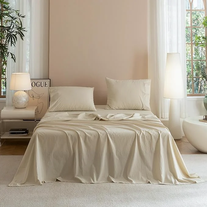 Verified JIYUAN Full Size Sheet Set 4-Piece - Washed Cotton Linen-Like Soft amp Breathable Includes Deep Pocket Fitted amp Flat Sheet with 2 Pillowcases Hotel Quality Heathered Beige Eco-Friendly