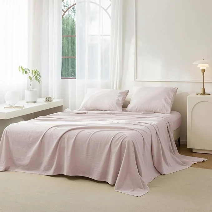 Proven JIYUAN California King Size Sheet Set 4-Piece - Washed Cotton Linen-Like Soft amp Breathable Includes Deep Pocket Fitted amp Flat Sheet with 2 Pillowcases Hotel Quality Heathered Greyish Pink Premium Material