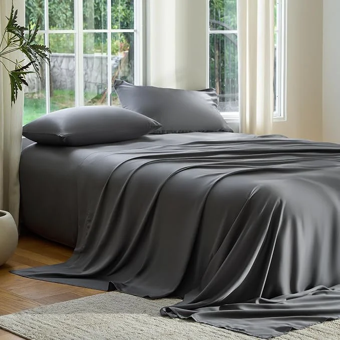 Official DOZ Sheet Set Viscose derived from Bamboo Organically Grown Buttery Soft Cooling Sheets High GSM Deep Pockets - 4 Piece - 2 Pillowcases 1 Fitted 1 Top Sheet Storm Queen Pure