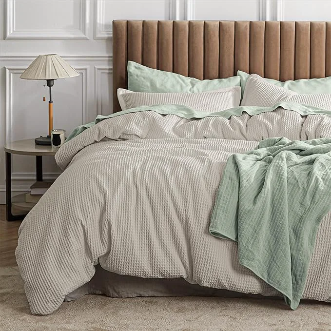 Elite Bedsure Waffle Comforter Set Queen Linen Soft Bedding Waffle Weave Bed Set 3 Pieces 1 Comforter 90 quot x90 quot and 2 Pillow Shams Cotton Shell and Polyester Lining for All Seasons Solid