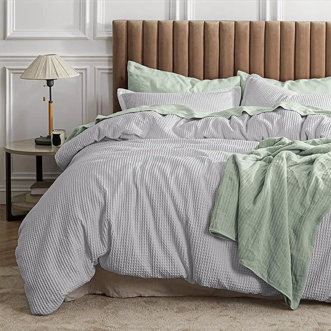 Authentic Bedsure Waffle Comforter Set Queen Grey Soft Bedding Waffle Weave Bed Set 3 Pieces 1 Comforter 90 quot x90 quot and 2 Pillow Shams Cotton Shell and Polyester Lining for All Seasons Organic