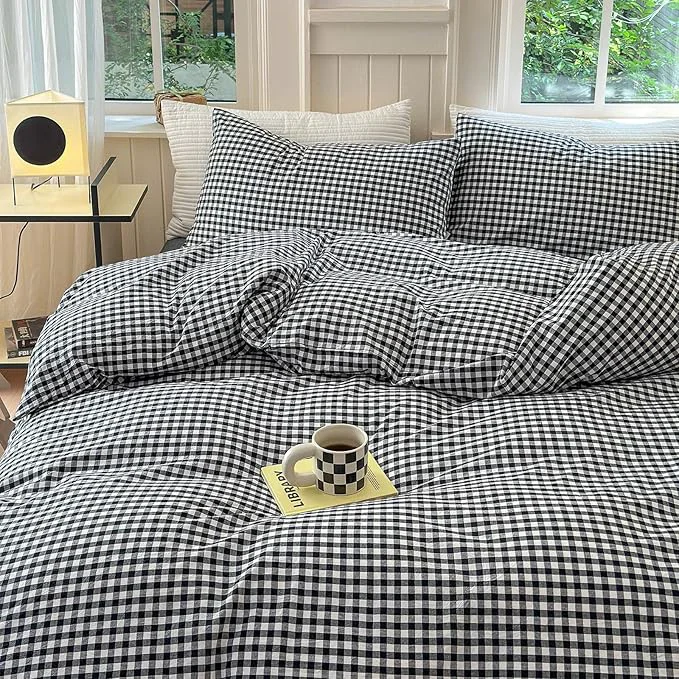 Classic LifeTB Black White Gingham Duvet Cover Queen Washed Cotton Modern Soft Grid Duvet Cover 3 Piece Vintage Plaid Checkered Comforter Cover Farmhouse Gingham Bedding Set Breathable Green