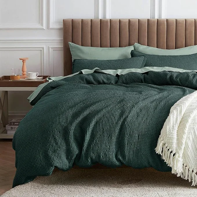 Contemporary Bedsure Waffle Comforter Set Queen Forest Green Soft Bedding Waffle Weave Bed Set 3 Pieces 1 Comforter 90 quot x90 quot and 2 Pillow Shams Cotton Shell and Polyester Lining for All Seasons Artisan
