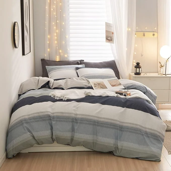 Elegant LifeTB Cotton Stripe Duvet Cover Full Size Gray Blue White Stripe Comforter Cover Modern Style Geometric Stripe Bedding Set for Men Boy Teen Boho Stripe Duvet Comforter Cover with Zipper Closure Casual