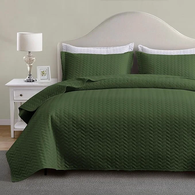 Luxury Maple amp Stone Quilt Set Queen Size Lightweight Olive Green Bedspread Ultrasonic Chevron Pattern Light Coverlet for All Season Comforter Bedding Decor - 3 Piece Full Bed Cover Sets Carefully Designed