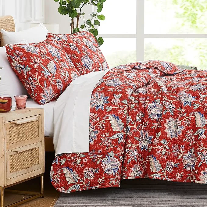 Pure Southshore Fine Living Inc. Oversized King Quilt Bedding Set Jacobean Willow Floral Quilt Set with 2 Matching Pillow Shams Lightweight California King Bed Spread Soft Microfiber Fabric Red Specialty