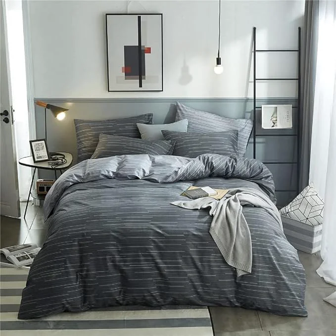 Responsible LifeTB Grey Striped Duvet Cover Set King Cotton Geometric Stripes Pattern Printed Comforter Cover Modern Style Striped Bedding Set Soft Breathable Duvet Cover King with Zipper Closure Authentic