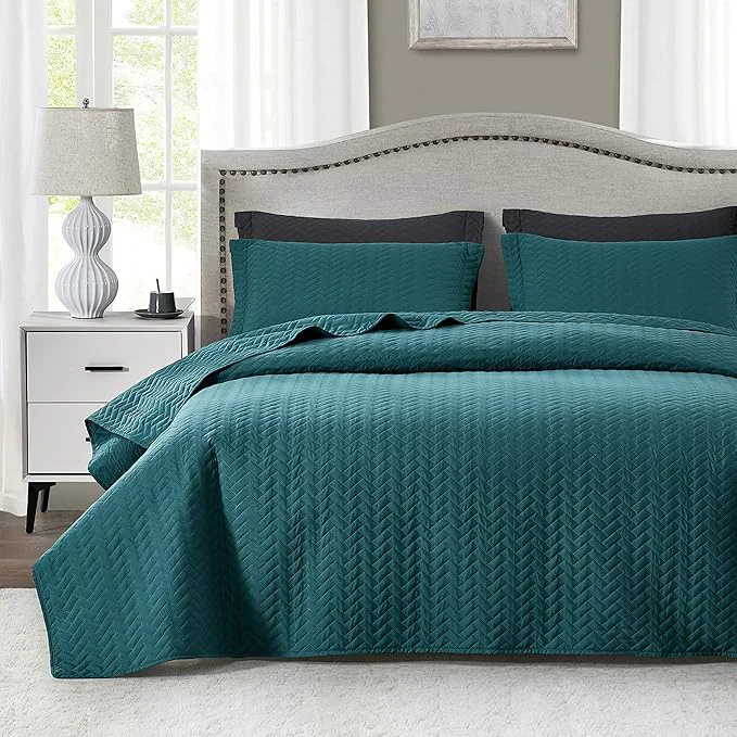Easy-to-Use Maple amp Stone Quilt Set Queen Size Lightweight Teal Bedspread Ultrasonic Chevron Pattern Light Coverlet for All Season Comforter Bedding Decor - 3 Piece Full Bed Cover Sets Expertly Made