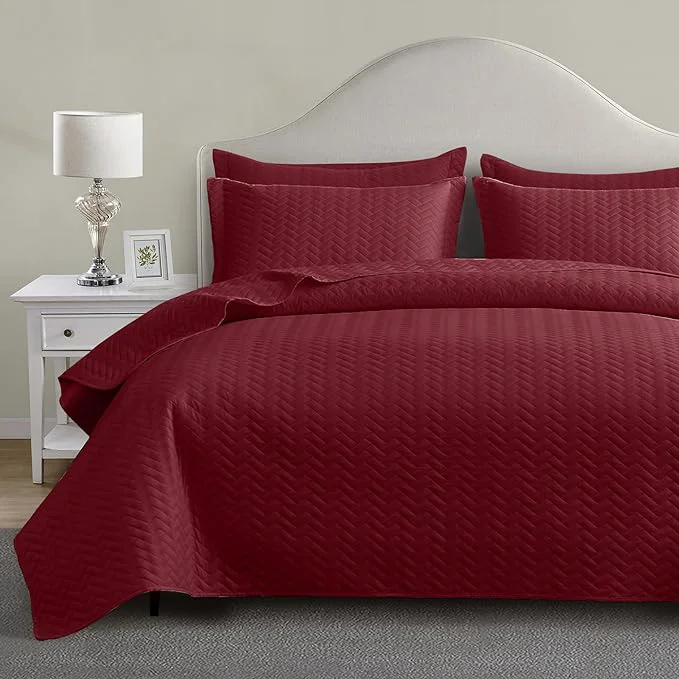 Soft Maple amp Stone Quilt Set Oversized King Size 128 quot x120 quot Lightweight Burgundy Bedspread Ultrasonic Chevron Pattern Light Coverlet for All Season Comforter Bedding Decor - 3 Piece Bed Cover Sets Certified