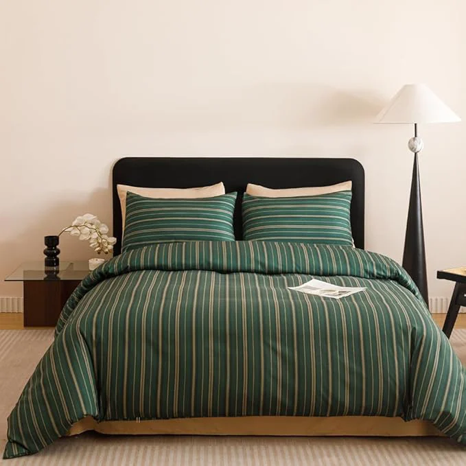 Superior CLOTHKNOW Green Striped Twin Twin XL Comforter Set 3Pcs Green Khaki Black Bedding Comforter Sets Ticking Farmhouse Comforter with 2 x Pillow Cases Stylish