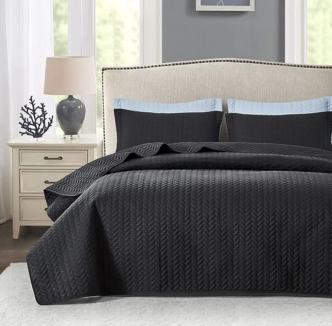 Elegant Maple amp Stone Quilt Set Queen Size Lightweight Black Bedspread Ultrasonic Chevron Pattern Light Coverlet for All Season Comforter Bedding Decor - 3 Piece Full Bed Cover Sets Enhanced