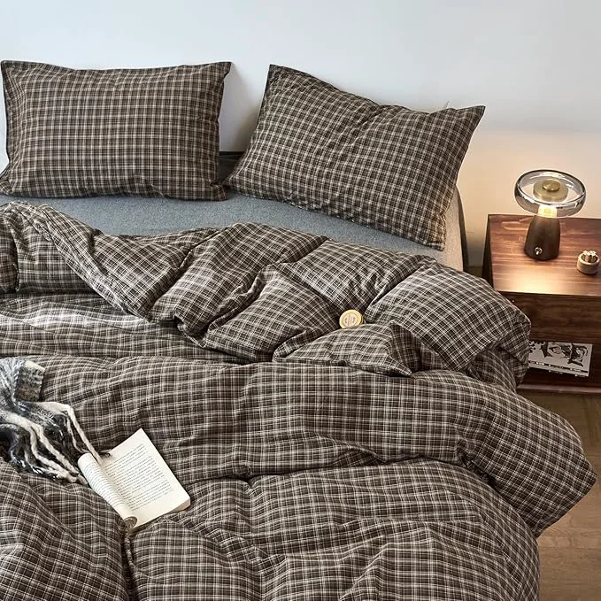 Secure LifeTB Brown Plaid Duvet Cover Set Twin XL Soft Washed Cotton Bedding Set with Grid Pattern Vintage Plaid Checkered Comforter Cover Breathable Farmhouse Gingham Bedding Set Twin XL High-End