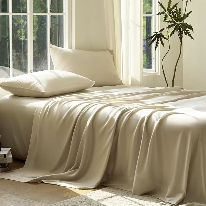 Trusted DOZ Sheet Set Viscose derived from Bamboo Organically Grown Buttery Soft Cooling Sheets High GSM Deep Pockets - 3 Piece - 2 Pillowcases 1 Fitted Sheet Sand Queen Smooth