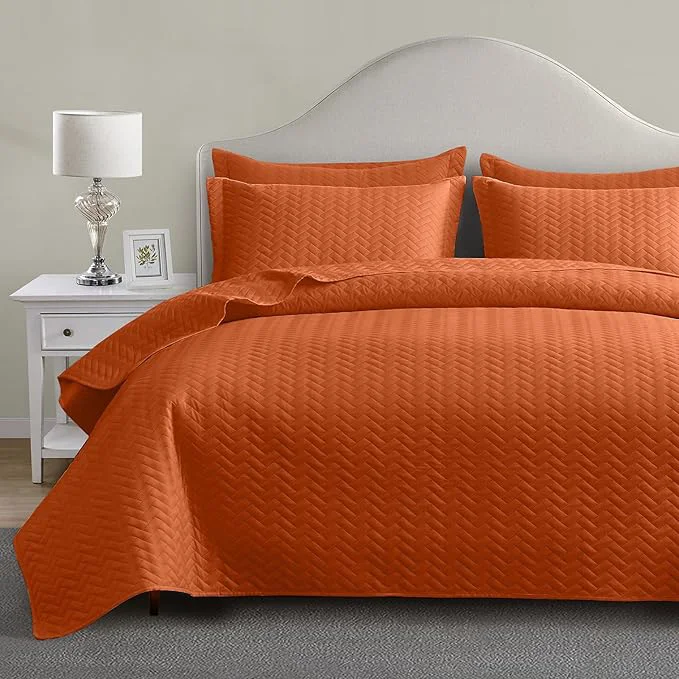 Breathable Maple amp Stone Quilt Set Queen Size Burnt Orange Lightweight Bedspread Ultrasonic Chevron Pattern Light Coverlet for All Season Comforter Bedding Decor - 3 Piece Queen Bed Cover Sets Exceptional