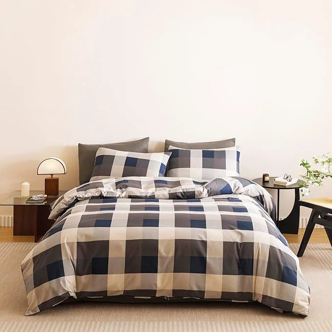 Traditional CLOTHKNOW Buffalo Plaid California King Comforter Set 3Pcs Tartan Bedding Comforter Sets Blue Grey Khaki Brown Beige Geometric Comforter Cal King Sets with 2 Pillowcases Pure