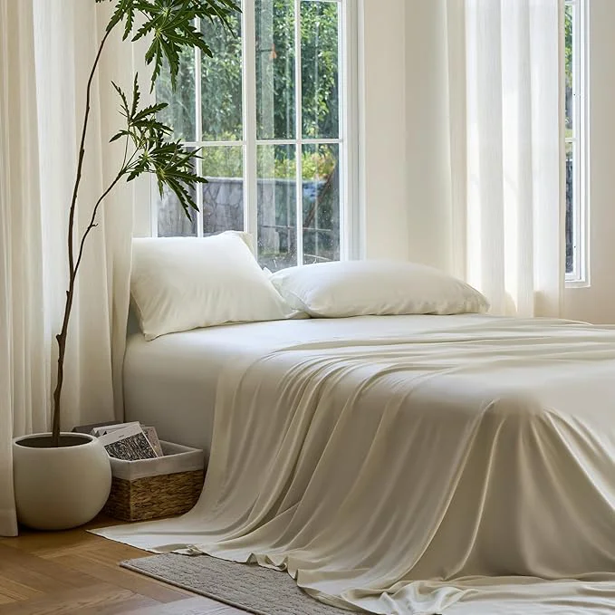 Premium DOZ Sheet Set Viscose derived from Bamboo Organically Grown Buttery Soft Cooling Sheets High GSM Deep Pockets - 4 Piece - 2 Pillowcases 1 Fitted Sheet 1 Top Sheet Ivory Full Innovative