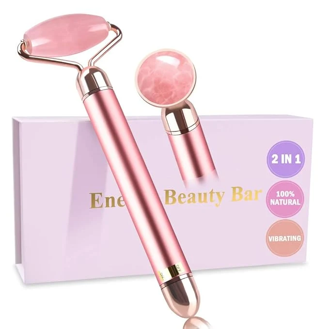 Luxury Upgrade 2 in 1 Vibrating Jade Facial Massager Roller Electric Rose Quartz Eye High-Grade