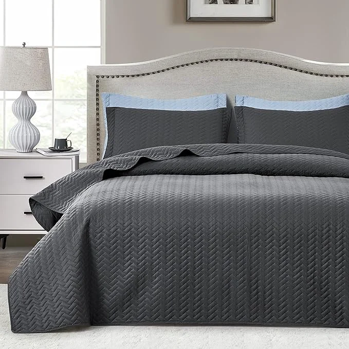 Recyclable Maple amp Stone Charcoal Grey Quilt Set Queen Size Lightweight Bedspread Ultrasonic Chevron Pattern Light Coverlet for All Season Comforter Bedding Decor - 3 Piece Full Bed Cover Sets Artisan