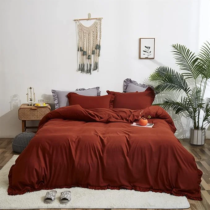 Premium CLOTHKNOW Burnt Orange Queen Comforter Set Ruffle Bedding Sets Soft Shabby Chic Comforter Vintage Rustic Soft with 2 x Pillowcases Convenient