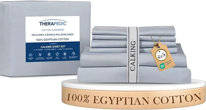 Healthy Therapedic Egyptian Cotton California King 6-Piece Sheet Set –Naturally Cooling amp Breathable Sateen Preshrunk Garment Wash 16 quot Deep Pocket Fitted Sheet Bonus Pillowcases Soft amp Durable-Light Blue Elite
