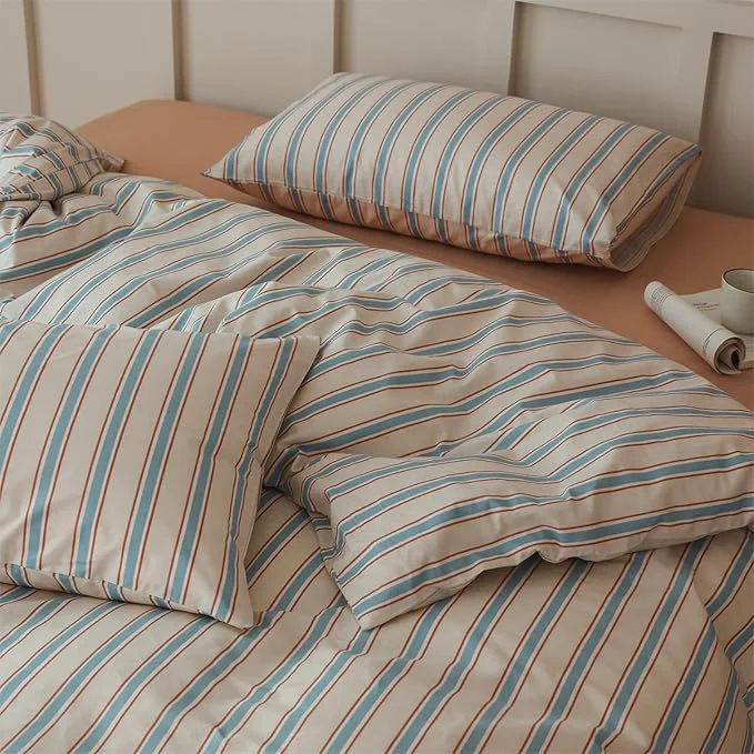 Fashionable Blue Striped Duvet Cover Twin Cotton Retro Stripes Pattern Printed Bedding Set 3 Pieces Blue Brown Striped Comforter Cover Simple Style Breathable Duvet Cover with Zipper Closure amp Corner Ties Flexible