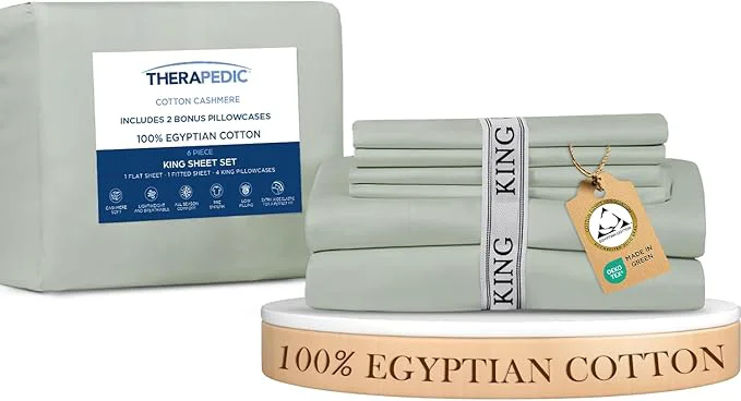 Fine Crafted Therapedic Egyptian Cotton King 6-Piece Sheet Set – Naturally Cooling amp Breathable Sateen Preshrunk Garment Wash 16 quot Deep Pocket Fitted Sheet Bonus Pillowcases Soft amp Durable - Sage Optimized