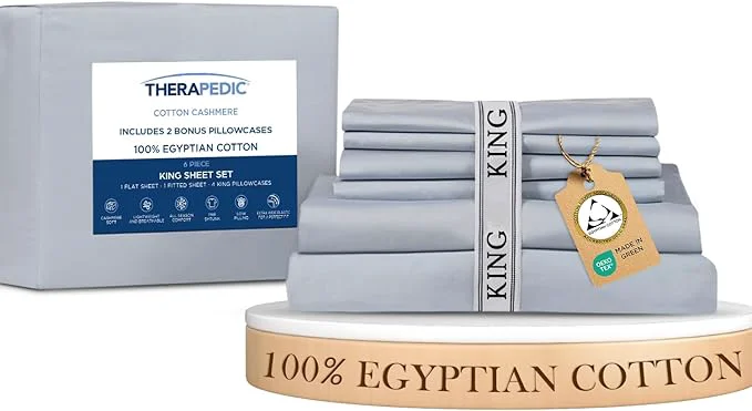 Practical Therapedic Egyptian Cotton King 6-Piece Sheet Set – Naturally Cooling amp Breathable Sateen Preshrunk Garment Wash 16 quot Deep Pocket Fitted Sheet Bonus Pillowcases Soft amp Durable - Light Blue Authentic