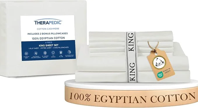 Smooth Therapedic Egyptian Cotton King 6-Piece Sheet Set – Naturally Cooling amp Breathable Sateen Preshrunk Garment Wash 16 quot Deep Pocket Fitted Sheet Bonus Pillowcases Soft amp Durable - White Trendy
