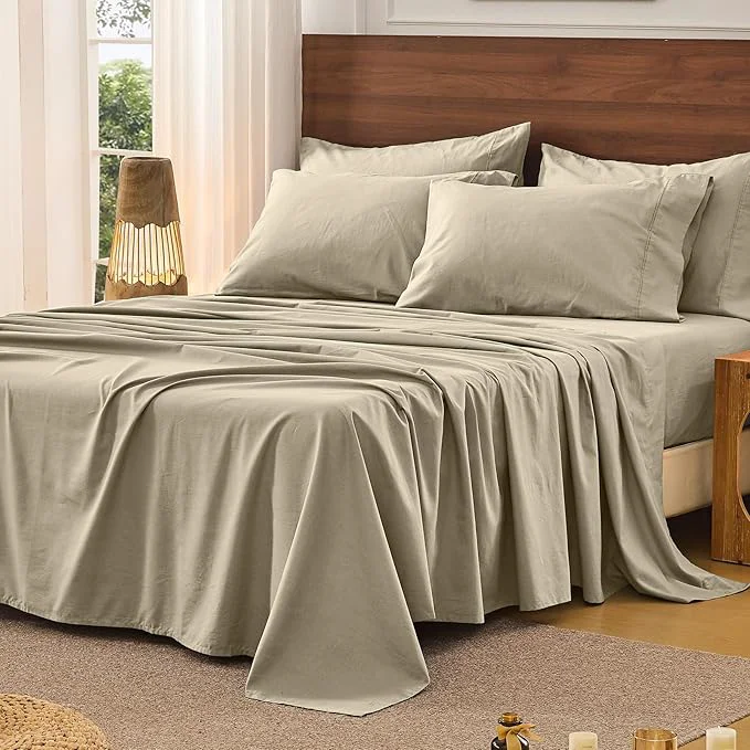 Fine Bedlifes French Pure Linen Sheets Queen Size Breathable and Cooling Flax Sheet Set Soft Durable and Moisture Wicking 16 Inch Deep Pocket-4 Piece Queen Taupe High-Quality