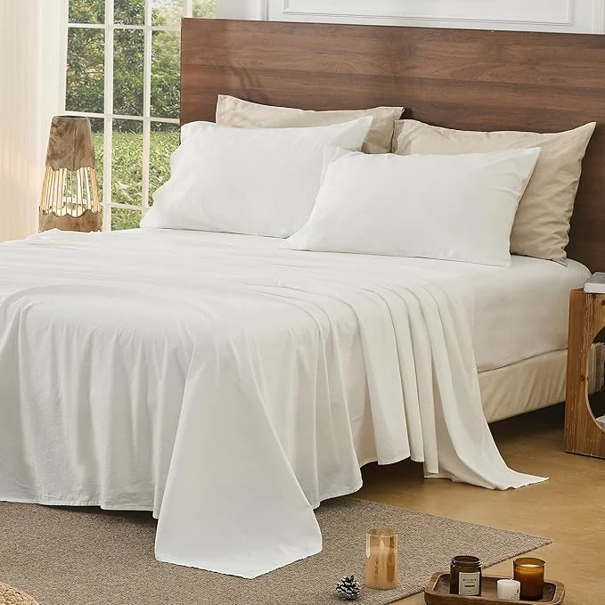 Casual Bedlifes French Pure Linen Sheets King Size Breathable and Cooling Flax Sheet Set Soft Durable and Moisture Wicking 16 Inch Deep Pocket-4 Piece King White Original