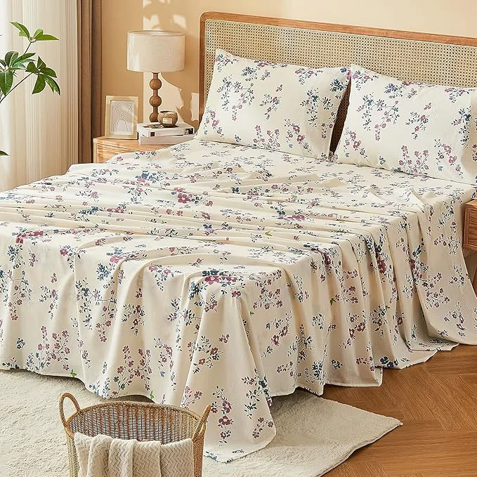 Fine Crafted Bedlifes French Linen Sheets Queen Size – Floral Printed Botanical Pattern Breathable Cooling Sheet Set 16 quot Deep Pocket 4-Piece Queen Floral Red Soft