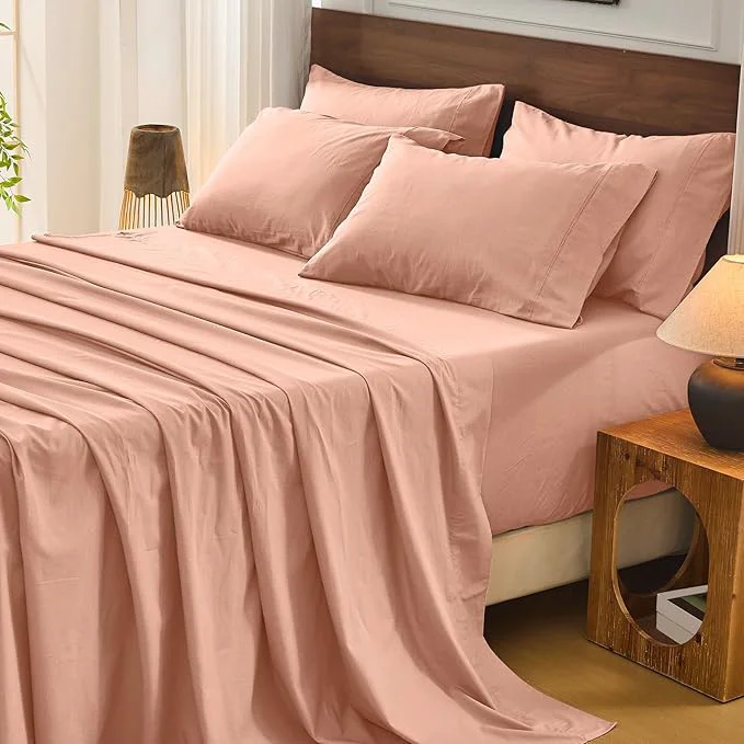 Contemporary Bedlifes French Flax Linen Sheets Set Queen Size - 6 Piece Extra Deep Pocket 18-24 quot Soft Breathable Queen Bed Sheets with Temperature Regulating amp Moisture-Wicking Blush Pink Genuine
