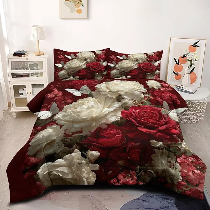 High-Quality 5Pcs Girls Queen Size Victorian Botanical Floral Comforter Set Red White Flowers Bedding Set with Butterfly 1 Comforter 90 quot x 90 quot and 2 Pillowcases 1 Fitted Sheet 1 Flat Sheet Fine