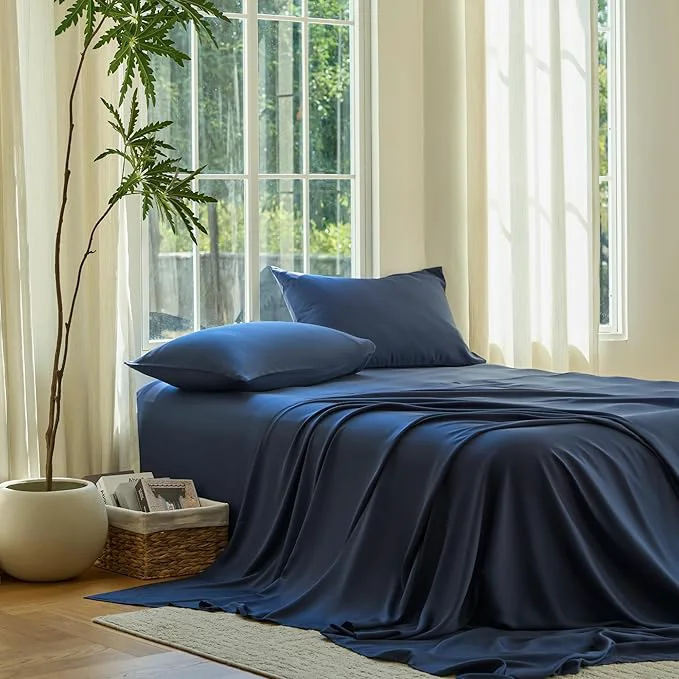 Verified DOZ Sheet Set Viscose derived from Bamboo Organically Grown Buttery Soft Cooling Sheets High GSM Deep Pockets - 3 Piece - 2 Pillowcases 1 Fitted Sheet Sapphire King Secure