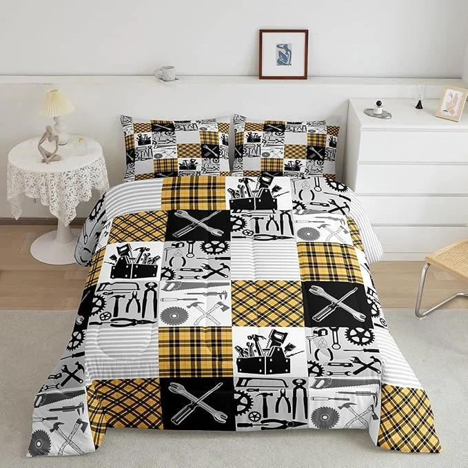 Fashionable Kids Boys Car Comforter Set Wrench Repair Outfit Bedding Set Farmhouse Gingham Check Bedding Home Decor Yellow Gray Comforter Full Size 3 Pieces Quilted Duvet Set with 2 Pillowcase Natural