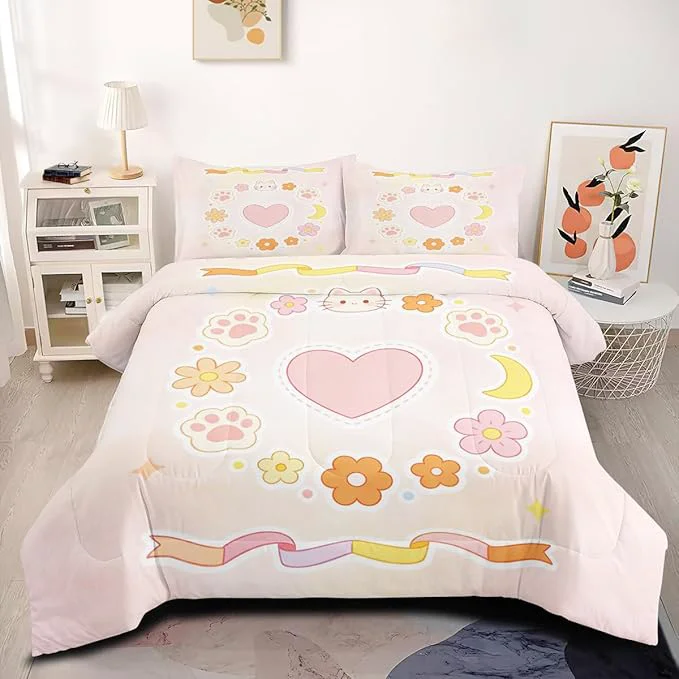 Premium Material Kids 5Pcs Pink Cartoon Cat Bedding Set King Size for Girls Room Decor 1 Heart Comforter 104 quot x 90 quot and 2 Pillowcases 1 Fitted Sheet 1 Flat Sheet for Bedroom Decor High-Quality