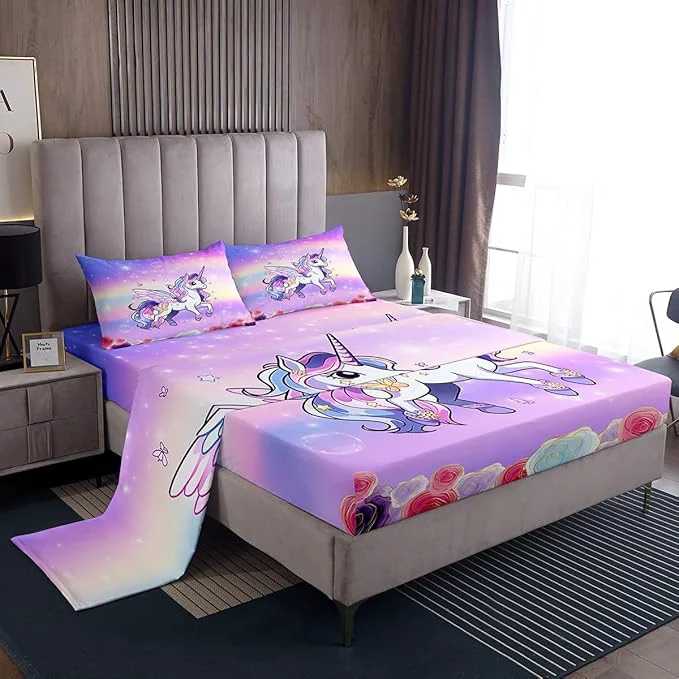 Eco-Friendly Kids Girls Unicorn Bed Sheets Set Pink Purple Rainbow Fitted Sheet Cartoon Unicorn Bedding Set for Bedroom Decor Rose Flowers Sheets Full Flat Sheet amp Fitted Sheet with 2 Pillow Case Superior