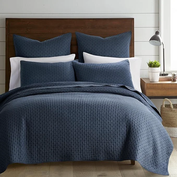 Powerful Levtex Home Cross Stitch Reversible Full Queen Quilt Set 88x92in with 2 Pillow Shams 26x20in - Stitch Texture - Navy - Cotton Full Queen Size Quilt Bedding Set - Lightweight Soft Pre-Washed Quality