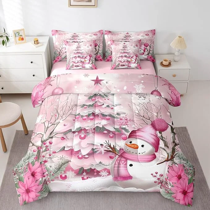 Fine Pink Christmas Tree Comforter Set 7 Pieces Cute Snowman Winter Bed Set Xmas Theme Flowers Leaves Bedding King with 1 Comforter 1 Fitted Sheet 1 Flat Sheet 2 Pillowcases 2 Throw Pillow Cover Superior