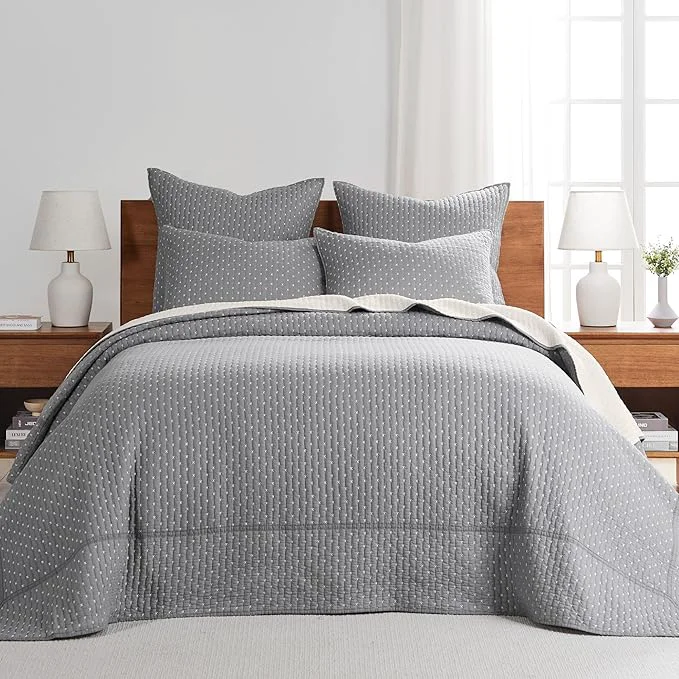 Consistent Levtex Home Cross Stitch Reversible Queen Bedspread Set 104x106in with 2 Pillow Shams 26x20in - Stitch Texture - Grey and White - Cotton Queen Size Bedspread Set - Lightweight Soft Pre-Washed Secure