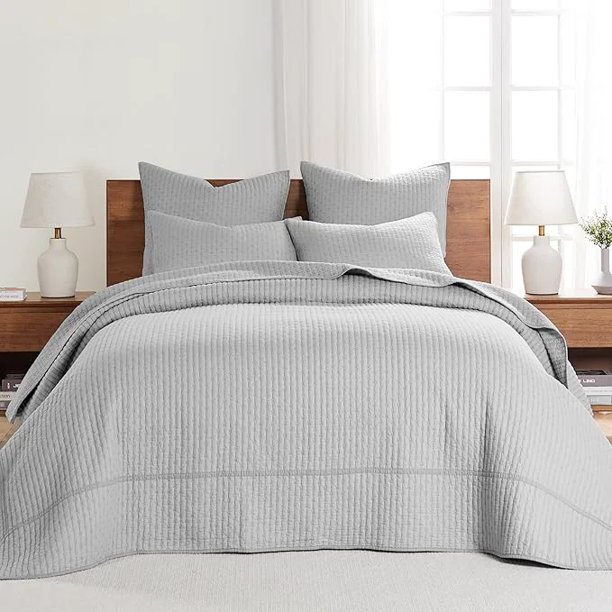 Pure Levtex Home Cross Stitch Reversible Full Bedspread Set 100x104in with 2 Pillow Shams 26x20in - Stitch Texture - Light Grey - Cotton Full Size Bedspread Set - Lightweight Soft Pre-Washed Flexible