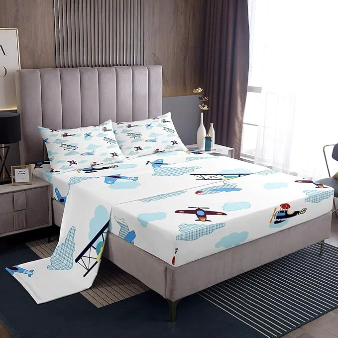 Fine Kids Aircraft Bed Sheets Set Boys Teens Airplanes Fitted Sheet Blue White Clouds Bedding Set for Bedroom Decor Chic Gingham Sheets Full Flat Sheet amp Fitted Sheet with 2 Pillow Case Next-Generation